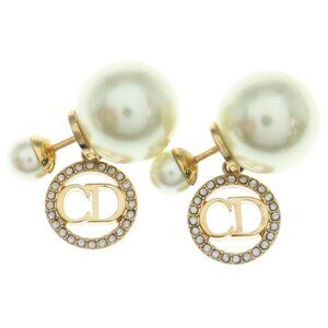 Christian Dior Tribal CD Logo Round Pearl Earrings White Gold GP